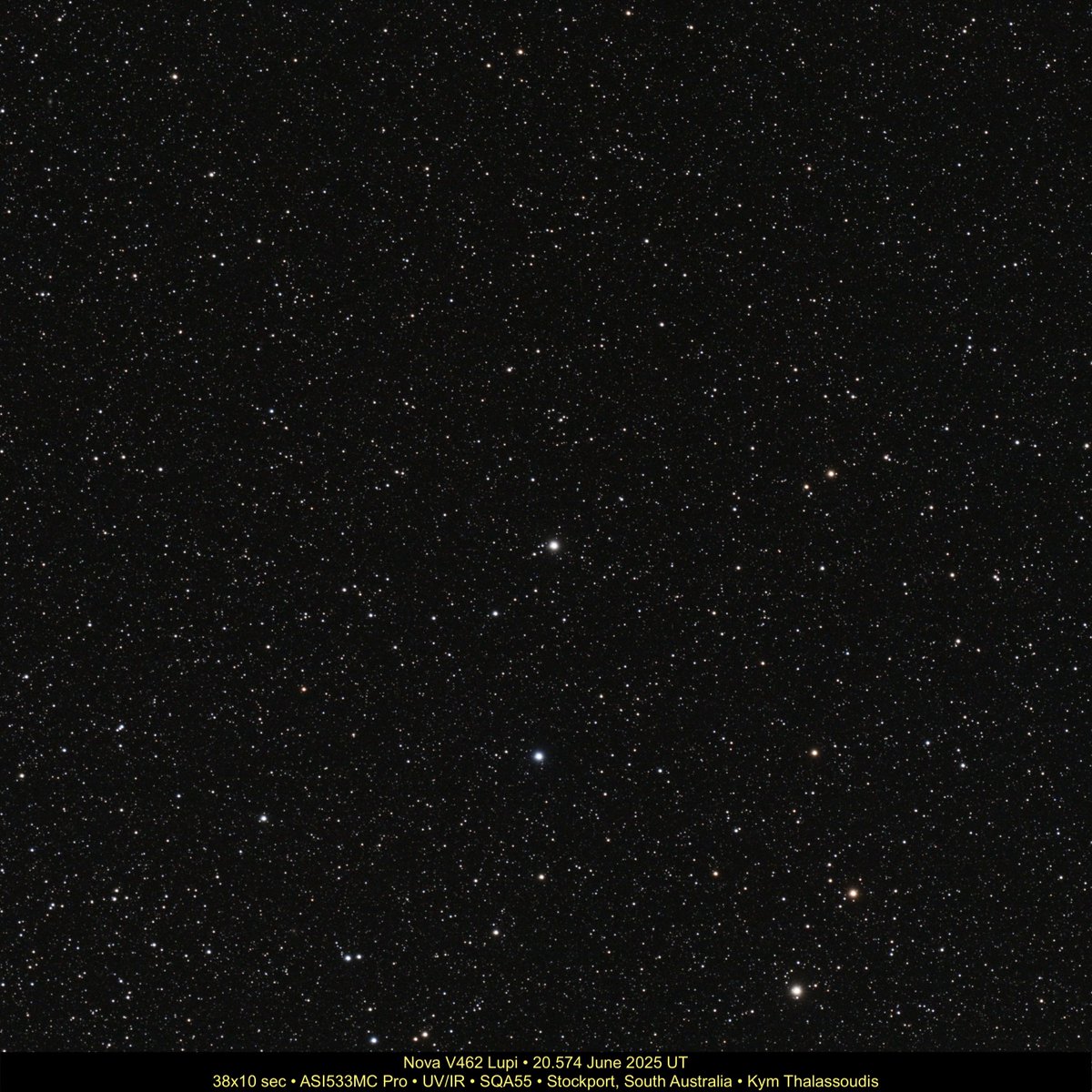 🌟 Nova V462 Lupi was discovered on June 12th and is bright enough (mag. 5.8) to be easily seen in binoculars. Located roughly between Delta Lupi and Kappa Centauri, use this photo to find the nova amongst the myriad of stars in the southern Milky Way. 🔭 🧪
#stargazing