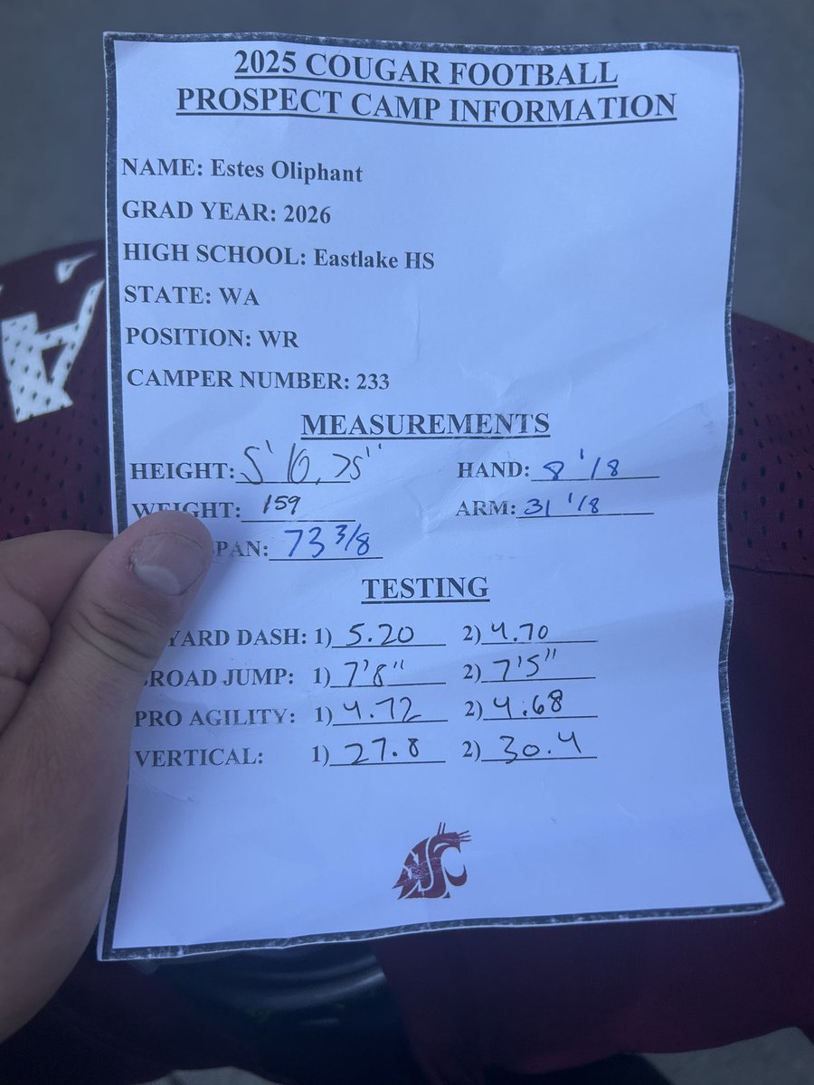 Estes Oliphant (@estesoli33) on Twitter photo Official measurements from wazzu camp after it messed up for 40 ran a solid 4.70 on turf! And a 30 inch vert. <a href="/WSUCougarFB/">Washington State Football</a> <a href="/CoachGHerd/">Greg Herd</a> <a href="/Owen_Baebler/">Owen Baebler</a> <a href="/RecruitRadarPNW/">Recruit Radar</a> Official measurements from wazzu camp after it messed up for 40 ran a solid 4.70 on turf! And a 30 inch vert. <a href="/WSUCougarFB/">Washington State Football</a> <a href="/CoachGHerd/">Greg Herd</a> <a href="/Owen_Baebler/">Owen Baebler</a> <a href="/RecruitRadarPNW/">Recruit Radar</a>