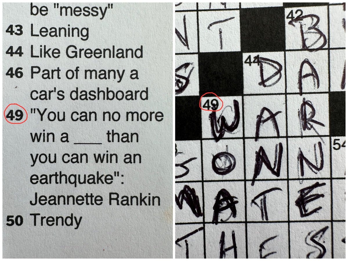 Extra timely clue in Friday’s crossword. It was the last answer I filled in, and when I did I said “woah” which is happens to be the down answer.