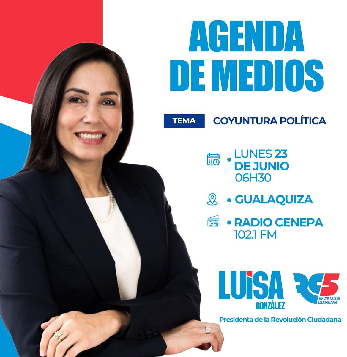 RC5Oficial's tweet photo. 📌#LuisaEnMedios | Este lunes, acompañemos a @LuisaGonzalezEc en su recorrido por medios en el que hablará sobre temas de coyuntura política e interés nacional.

🗓️ 23 / Junio
⏰ 06h30
📻 Radio Cenepa 102.1 FM https://t.co/0cZFEAx6em