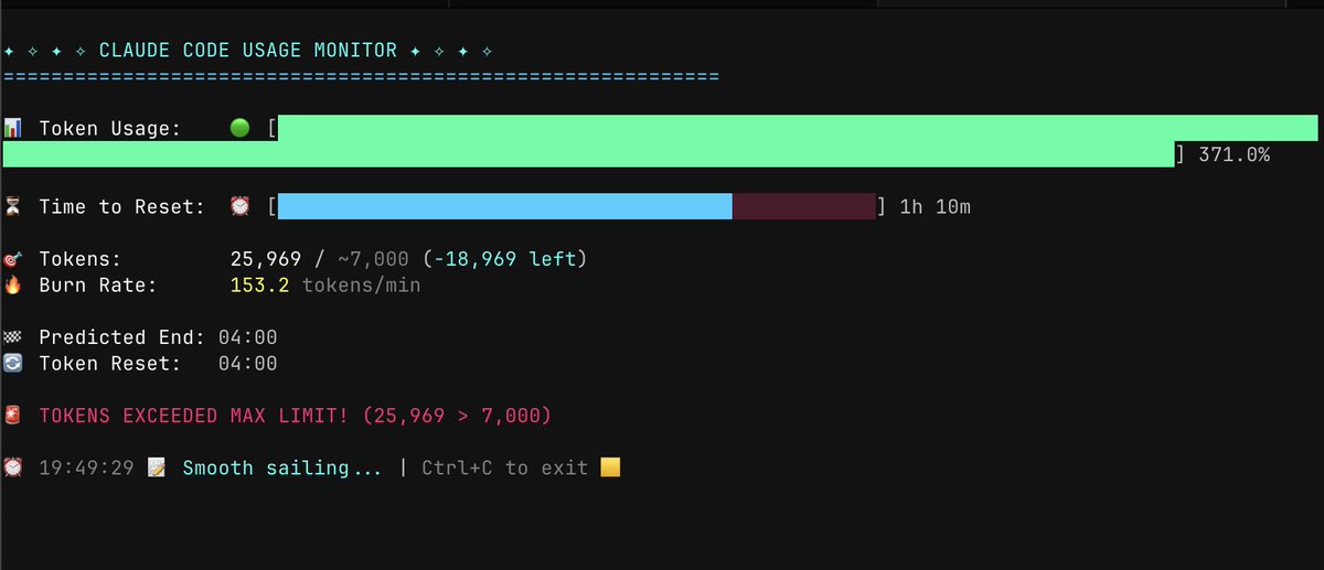 _kylejs_'s tweet photo. It's so confusing that Claude Code doesn't make it clear as to how much of your allowance you've used and when you've hit any limits.

According to claude-monitor, I'm 371% over? Like what? 

Anthropics site says 10-40 prompts per 5 hours. I'm at least 30 prompts or so by now. https://t.co/emCG2hwPd4