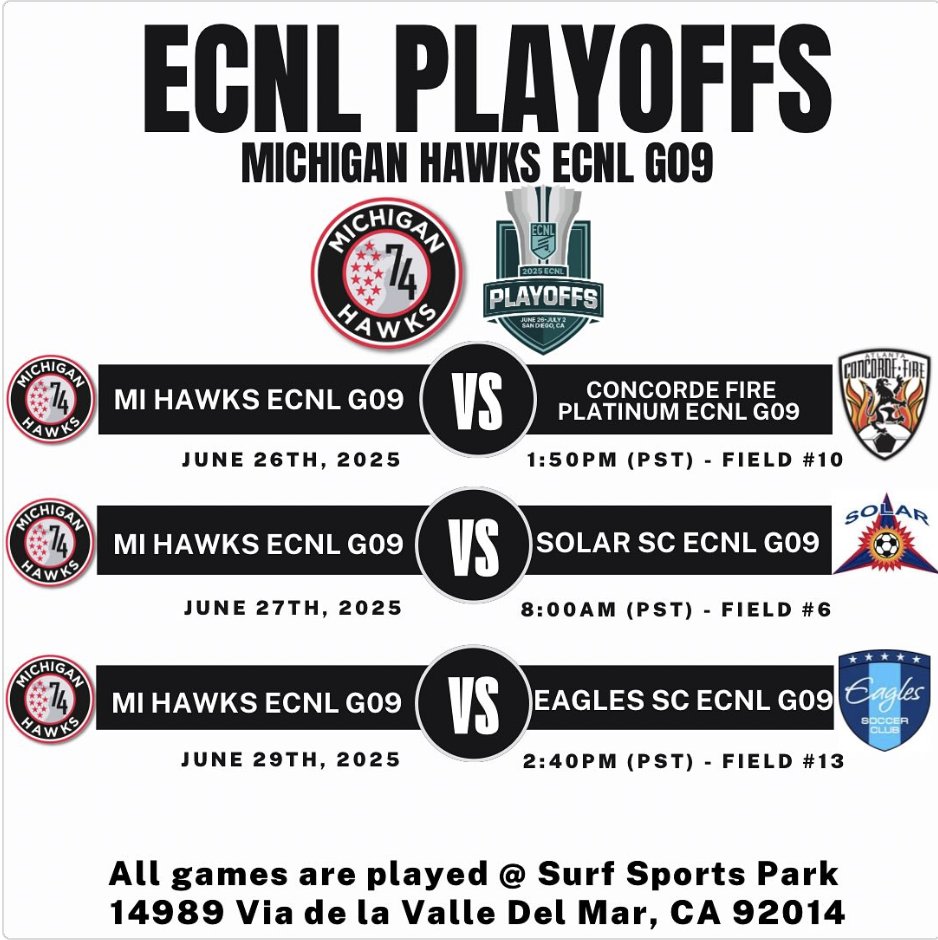 Michigan Hawks (@mihawks1974) on Twitter photo We are super excited to head to San Diego for <a href="/ECNLgirls/">ECNL Girls</a> Playoffs!! #michiganhawks #ecnlplayoffs We are super excited to head to San Diego for <a href="/ECNLgirls/">ECNL Girls</a> Playoffs!! #michiganhawks #ecnlplayoffs