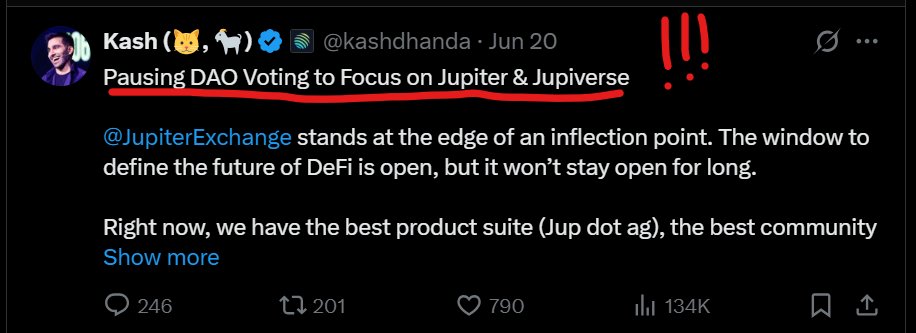I hope JUP DAO never brings voting back.

What a ridiculous waste of energy for a brilliant team to be constantly debating FUD about working group pay.

Literal BILLIONS of market cap wiped away for a few 5-figure funding votes.

I'd much rather see S-tier centralized decision