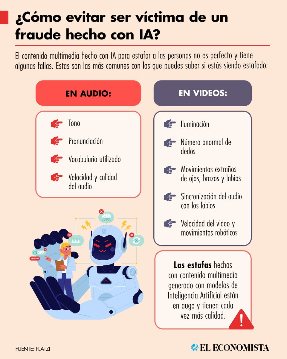 eleconomista's tweet photo. #FinanzasPersonales | Las estafas hechas con contenido multimedia generado con modelos de Inteligencia Artificial están en auge y tienen cada vez más calidad. Para no caer en ellas, es importante poner atención a algunos detalles, como el movimiento de boca y de los ojos. 🚩🤖 https://t.co/v4MqjfEm4H