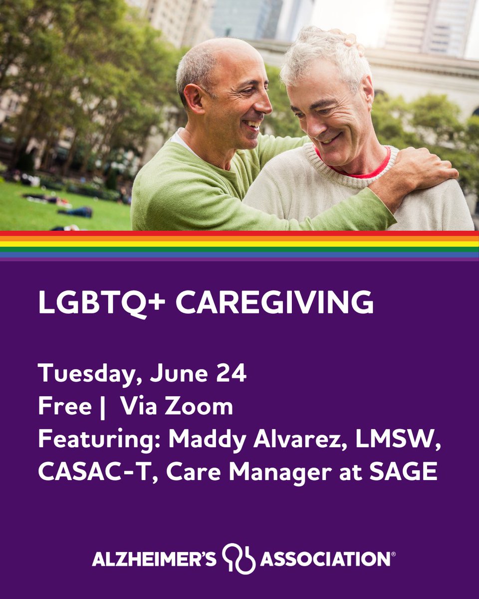 AlzGA's tweet image. Are you an LGBTQ+ caregiver? Join us and SAGE on June 24 at 1:00pm ET for a free webinar to get resources, insights and support strategies to help you navigate your Alzheimer’s and dementia journey with confidence. Register today at bit.ly/ATE062425. #PrideMonth @sageusa