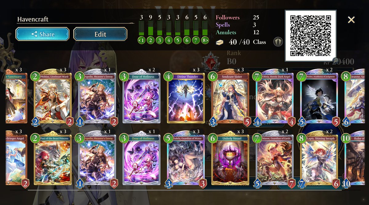 Ranked up to B! Haven't been able to grind as hard and I'm also grinding with Control Haven so my games go very long! If you like playing control please try my list out and let me know what you think!

#shadowverseworldsbeyond #Shadowversewb #Shadowverse