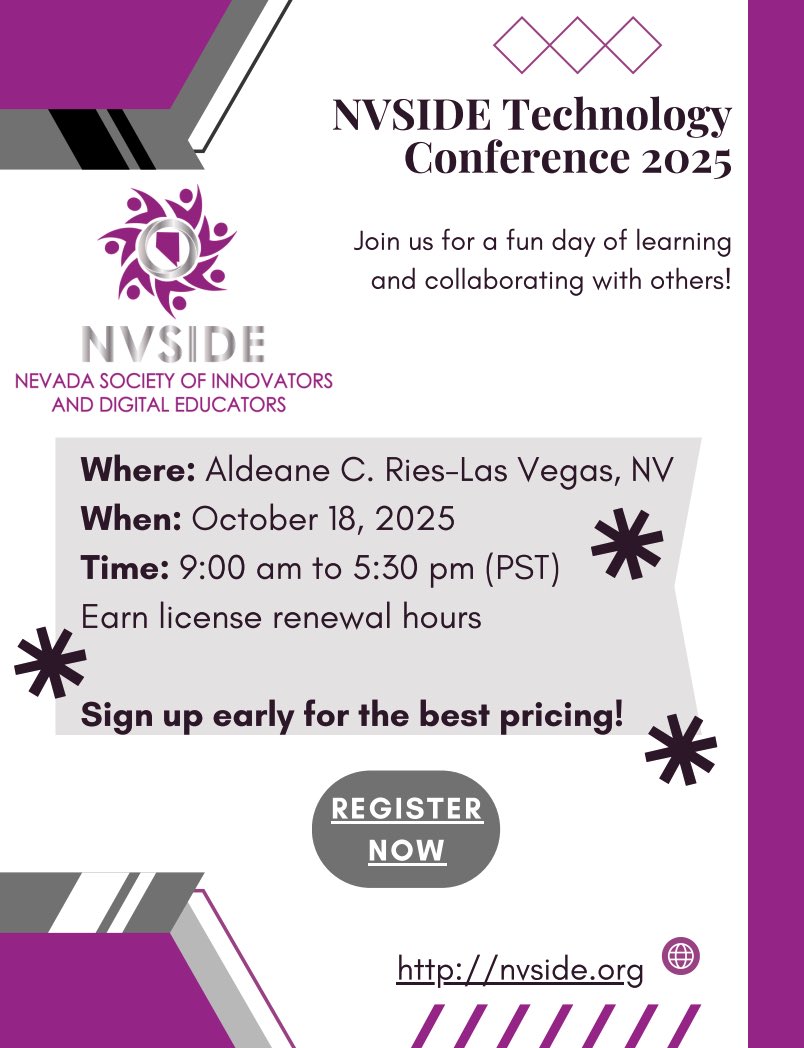 Nevada Society of Innovators and Digital Educators (@_nvside) on Twitter photo Early bird registration ends tonight for our state technology conferences!!
Save money and register today! 🤗
cue.org/events/125957 Early bird registration ends tonight for our state technology conferences!!
Save money and register today! 🤗
cue.org/events/125957