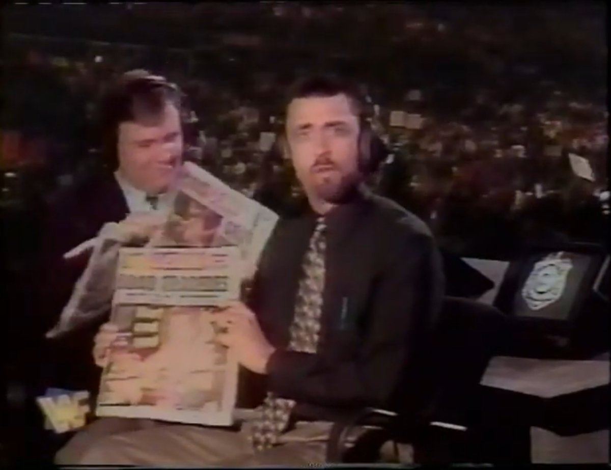 ColeWorldOrder's tweet photo. KEVIN KELLY and SIR MICHAEL COLE reviewing newspapers featuring Bret Hart on the front page during an episode of WWE Shotgun.

@MichaelCole | @REALKevinKelly | @BretHart 

#WWE #WWEShotgun #ShotgunChallenge #MichaelCole #KevinKelly #WWENewYork #NewYork

[Post by @AndyGibsonTV] https://t.co/Z1FOa22NfJ