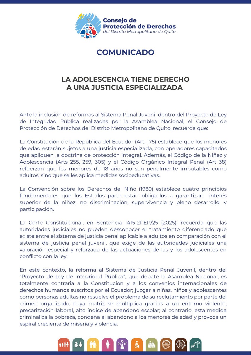DerechosQuito's tweet photo. 🚨 #Atención | Desde el Consejo de Protección de Derechos del DMQ recordamos que según normas nacionales e instrumentos internacionales los adolescentes tienen derecho a una justicia especializada. https://t.co/0bD58UPGb8