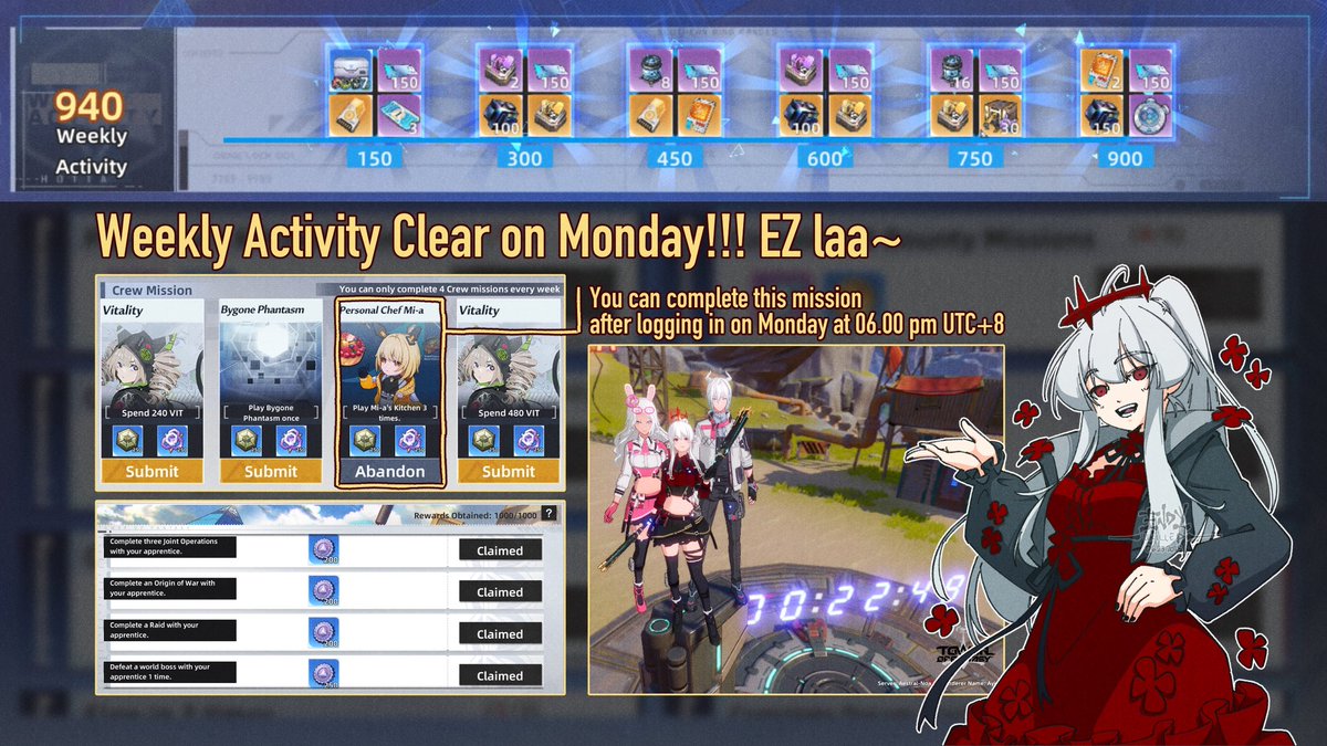 Endy_UKilled's tweet photo. Monday Mission🌻🌻🌻

Referring to the MT schedule on June 24, Weekly Activity will be reset. Please complete and claim it before MT.

I updated my guide by adding Crew missions and Mentor missions. Hope it helps.

#CreatorofFantasy #ToFanMade #ToFGuide
#TowerofFantasy #ToF #幻塔 https://t.co/6AniGrnxZ9