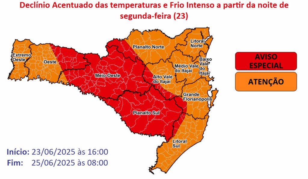 FELIPPETESSMANN's tweet photo. BOTA CASACO!🚨 Alerta Vermelho para frio intenso em SC entre 23 e 25/06: risco alto de hipotermia, geada ampla e mínimas de até -5°C. Chance de neve, ventos fortes e mar agitado. 📲 Envie seu CEP para 40199 e receba alertas. https://t.co/uzX22RTgKQ