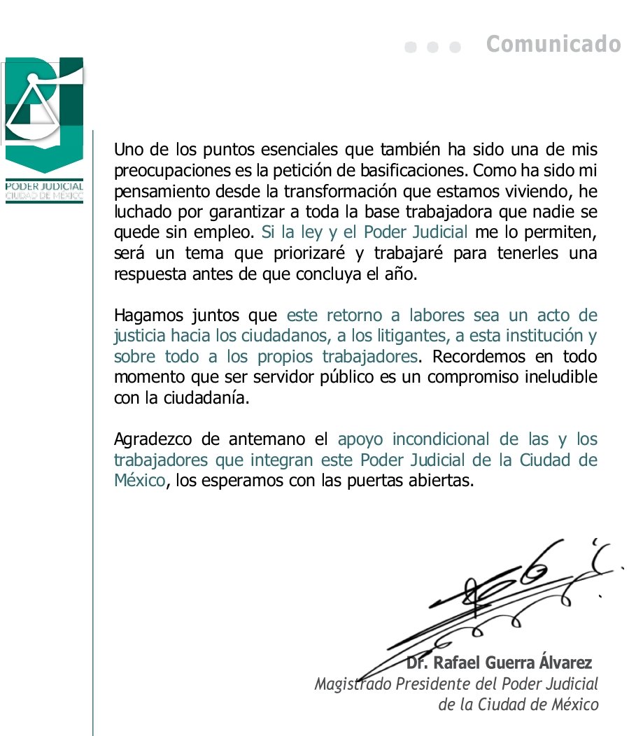 El Magistrado Presidente del PJCDMX, no ha dado solución a ninguno de los problemas que se tienen en el tribunal y ya está "conminando" a qué regresemos a nuestras áreas de trabajo.
Nos obligarán a regresar sin soluciones y eso repercutirá en la celeridad de los juicios.