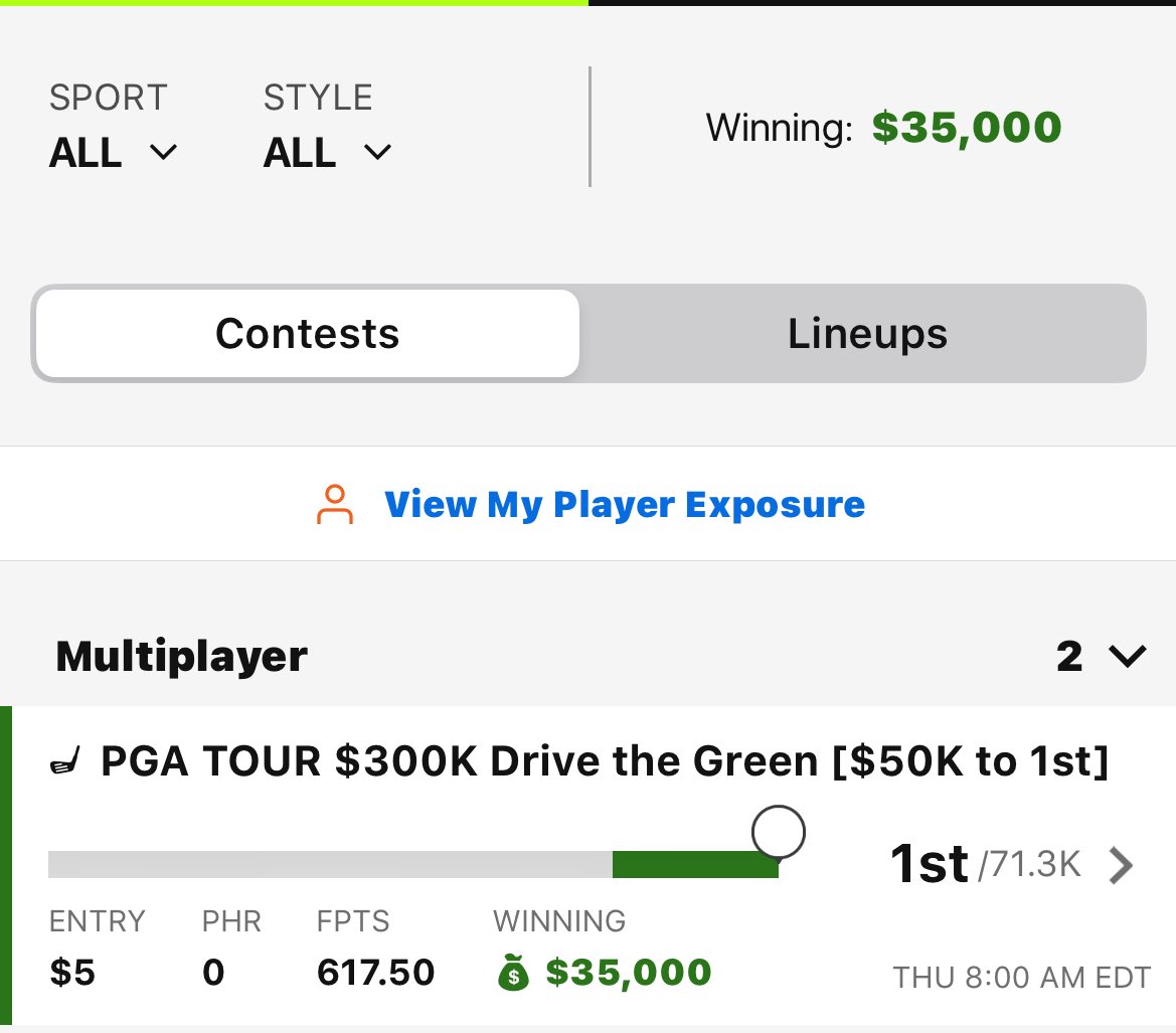 RigatoniSchnapp's tweet photo. Played the $5 lotto for pga this week and made the optimal lineup with a single bullet entry ⛳️💰

One other user had the same lineup as me. Was in the lead to end yesterday and literally came down to the 18th hole today! 

Knowledge and luck $5 => $35,000
#draftkings #DFS #pga https://t.co/duRaTonYaj