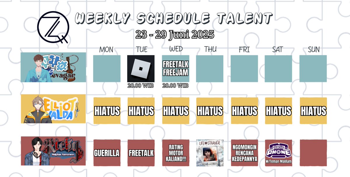 📅 Weekly Schedule Talent 📅

Halo sobat QuaRo!! 
Mimin disini memberikan informasi mengenai jadwal mingguan Live Streaming dari 23 - 29 Juni 2025.

• <a href="/gio_gevagar12/">Gio Gevagar</a> 🎼 
• <a href="/ElliotValda/">Elliot Valda 💻🎭 | COMMISION OPEN | ORANG DEPOK</a> 💻 
• @Ricky_MalAam ☕