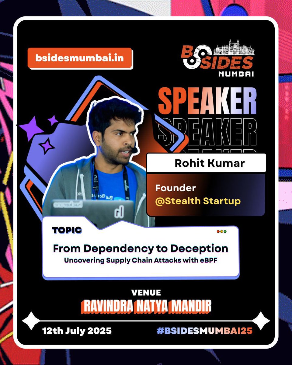 BSides Mumbai (@bsidesmumbai) on Twitter photo Excited to host <a href="/rohitcoder/">Rohit Kumar</a> at #BSidesMumbai25!
Ex-Groww Product Security lead, Top 20 Meta hacker & creator of Hawk-Eye.
Catch his talk on catching supply chain attacks w/ eBPF.
π12 July, Prabhadevi
π bsidesmumbai.in
#AppSec #DevSecOps #Infosec Excited to host <a href="/rohitcoder/">Rohit Kumar</a> at #BSidesMumbai25!
Ex-Groww Product Security lead, Top 20 Meta hacker & creator of Hawk-Eye.
Catch his talk on catching supply chain attacks w/ eBPF.
π12 July, Prabhadevi
π bsidesmumbai.in
#AppSec #DevSecOps #Infosec
