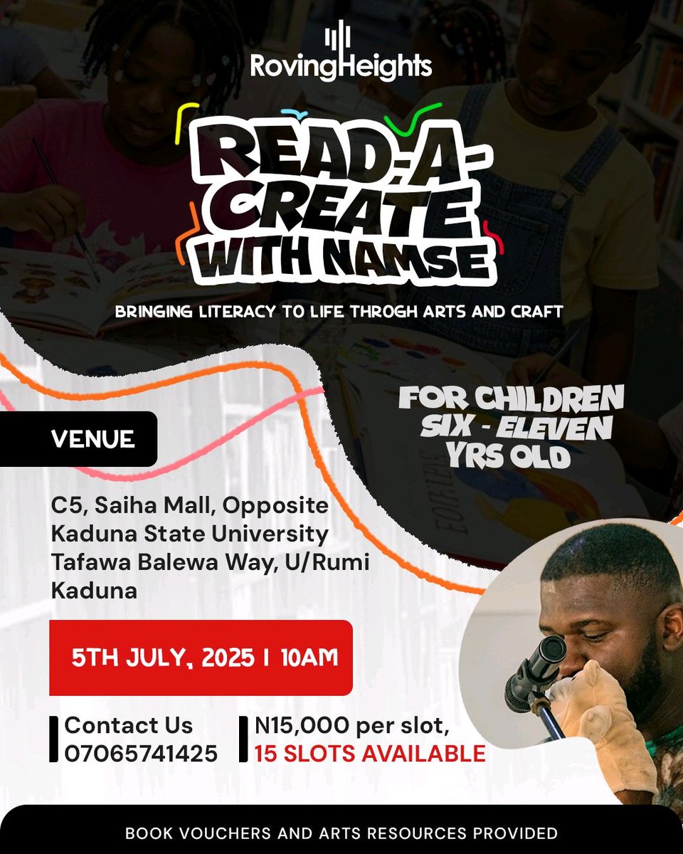 namse's tweet image. Get ready for an unforgettable July! 🎨📚 Enroll your kids (6-11 yrs) in Read-A-Create and watch them bring literacy to life through arts &amp;amp; crafts. Join us on July 5th, 10 AM, Kaduna. Limited slots—register now!
#ReadACreate #KidsWorkshop #CreativeLearning
