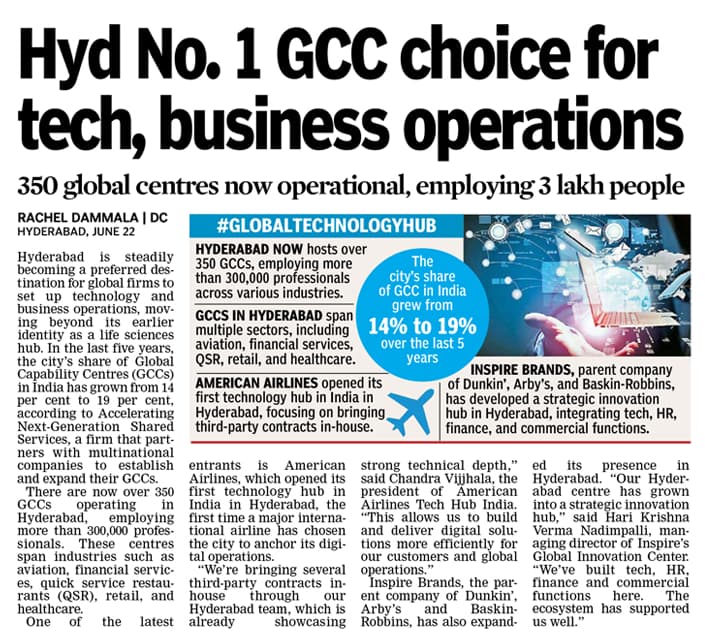 abhinavaduri9's tweet image. 🚀 Hyderabad is India’s No.1 choice for Global Capability Centres (GCCs)!
🏢 350+ GCCs now operational
👨‍💼 3L+ employed across tech, aviation, finance, retail &amp;amp; more
📈 GCC share jumped from 14% to 19% in 5 years

#Hyderabad #GCC #GlobalTechHub #IndiaGrowth