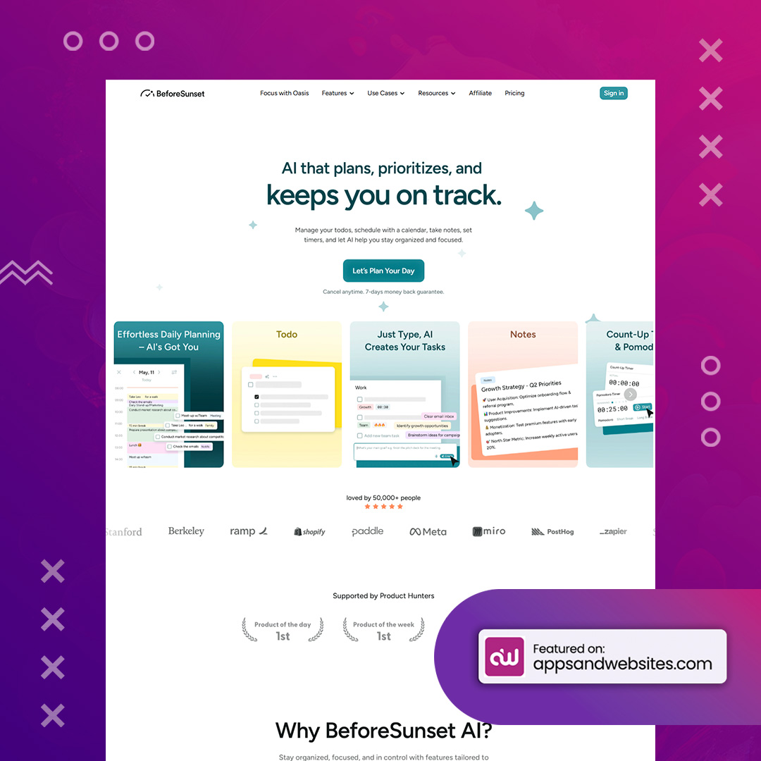 AppsandWebsites's tweet image. 🗓️👩‍💼 Curious if there&apos;s a daily planning tool catering to busy professionals? Can it efficiently organise your day? Elevate your daily productivity! 🚀💼 #DailyPlanner #EfficientScheduling #ProductiveDays

More awesome AI tools for you to check out: appsandwebsites.com/directory/ai-t…