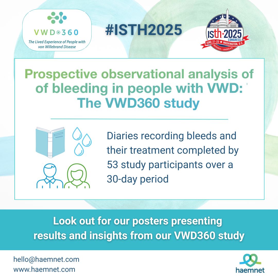 Attending #ISTH2025? Our VWD360 study explored the real-life experience of adults with #vonWillebrandDisease. One of two posters on display reports on bleed diaries completed by more than 50 participants over 30 days. The results challenge assumptions on bleed frequency in less