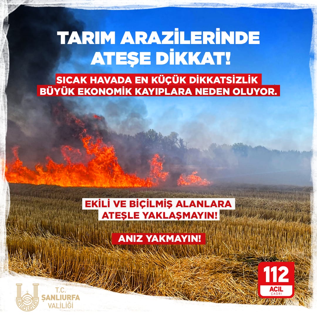 🟥 Değerli Vatandaşlarımız❗

🔴 Hava Sıcaklıkları Giderek Yükseliyor❗️

⚠️ Hububat Hasadının Sonuna Yaklaştığımız Bu Günlerde, Sıcak Havanın Etkisiyle Arazi Yangınları Riski Artıyor❗️

❌ Tarım Arazilerine Ateşle Yaklaşmayın ‼️

❌ Anız Yakmak Valiliğimiz Tarafından