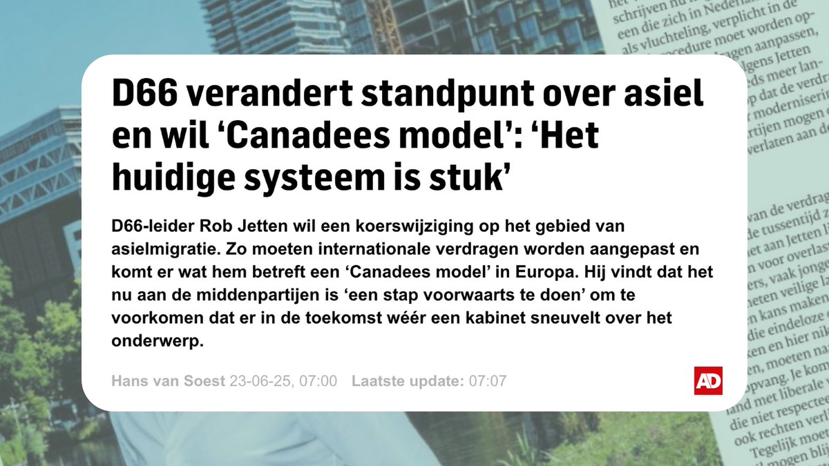 Het migratiesysteem is stuk.
D66 wil bouwen aan een nieuw model. Eerlijk voor de Nederlanders, menselijk voor mensen op de vlucht.
Niet blijven praten over strengere regels, maar doen wat werkt. Vanuit het midden.

ad.nl/politiek/d66-v…