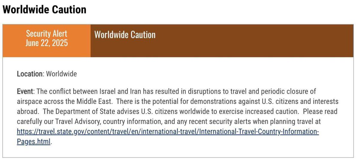 Adityaa_speaks's tweet image. 🚨 US issues worldwide security alert

The State Department urges all American citizens to exercise increased caution globally amid rising geopolitical tensions.

From Middle East flashpoints to silent threats abroad 
🧨 The world is officially on edge.
#USAlert #GlobalSecurity