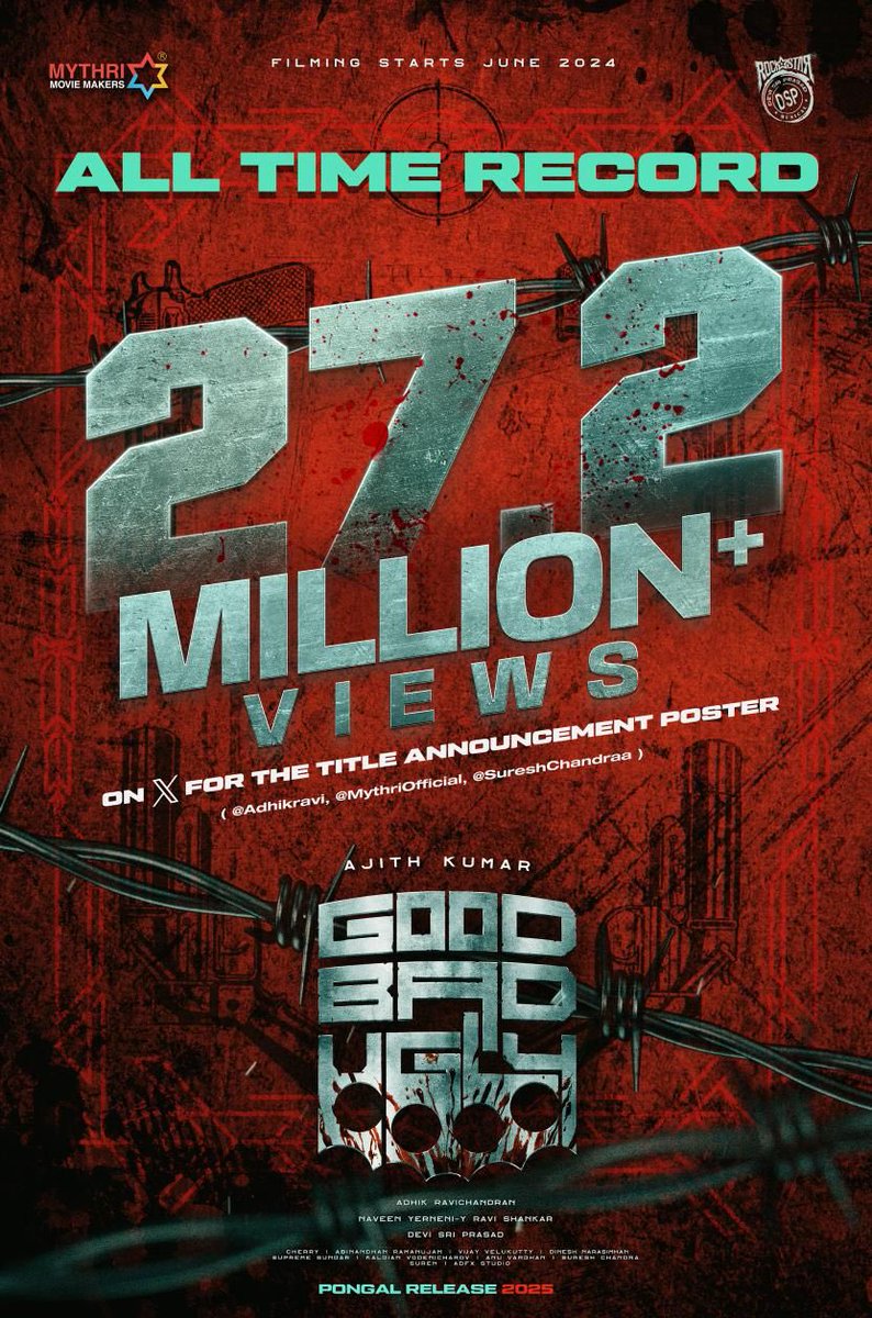 Bindra_Offl's tweet image. ALL TIME UNBREAKABLE RECORD ⏺️
MOST VIEWED first glimpse from Kollywood in 24 hours 🔥🔥
#GoodBadUgly #AjithKumar