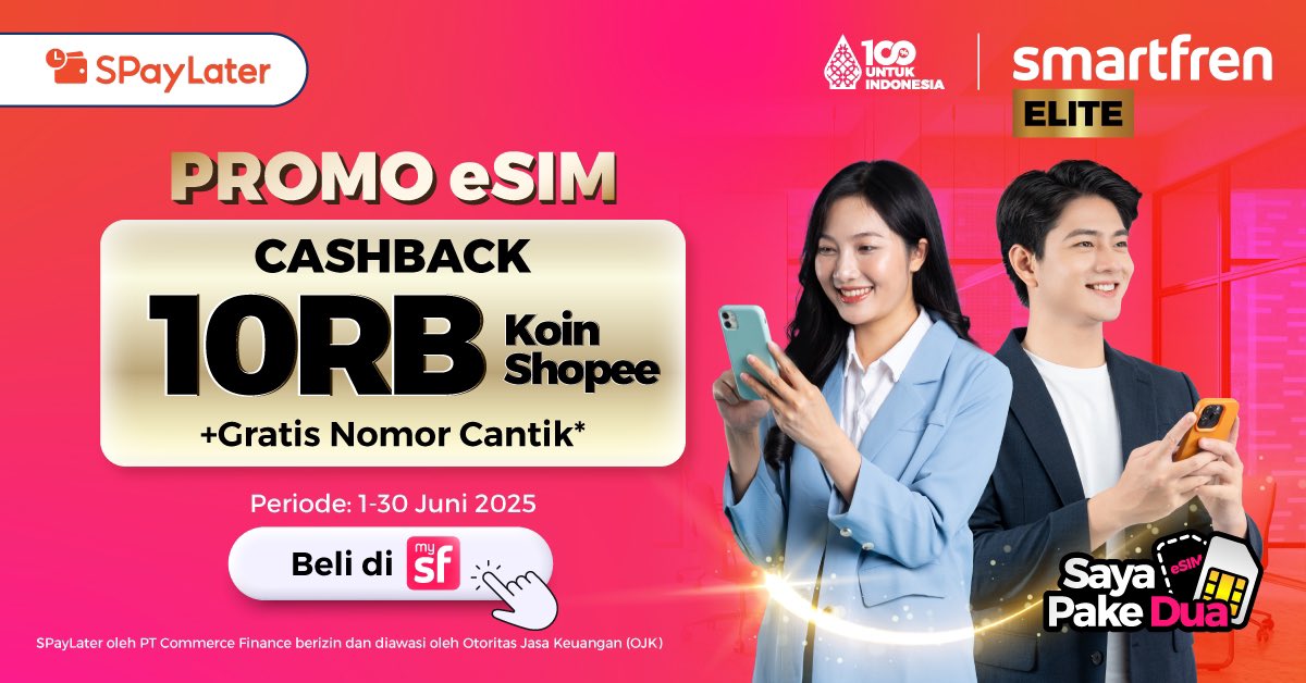Beli eSIM di MySmartfren dengan Shopeepaylater, dapatkan cashback hingga 10 ribu &amp; Gratis Nomor Cantik ! (syarat &amp; ketentuan berlaku). 

Info selengkapnya : s.id/spaylaterapr25

#sayapakedua #esimsmartfren #smartfren #100PersenUntukIndonesia