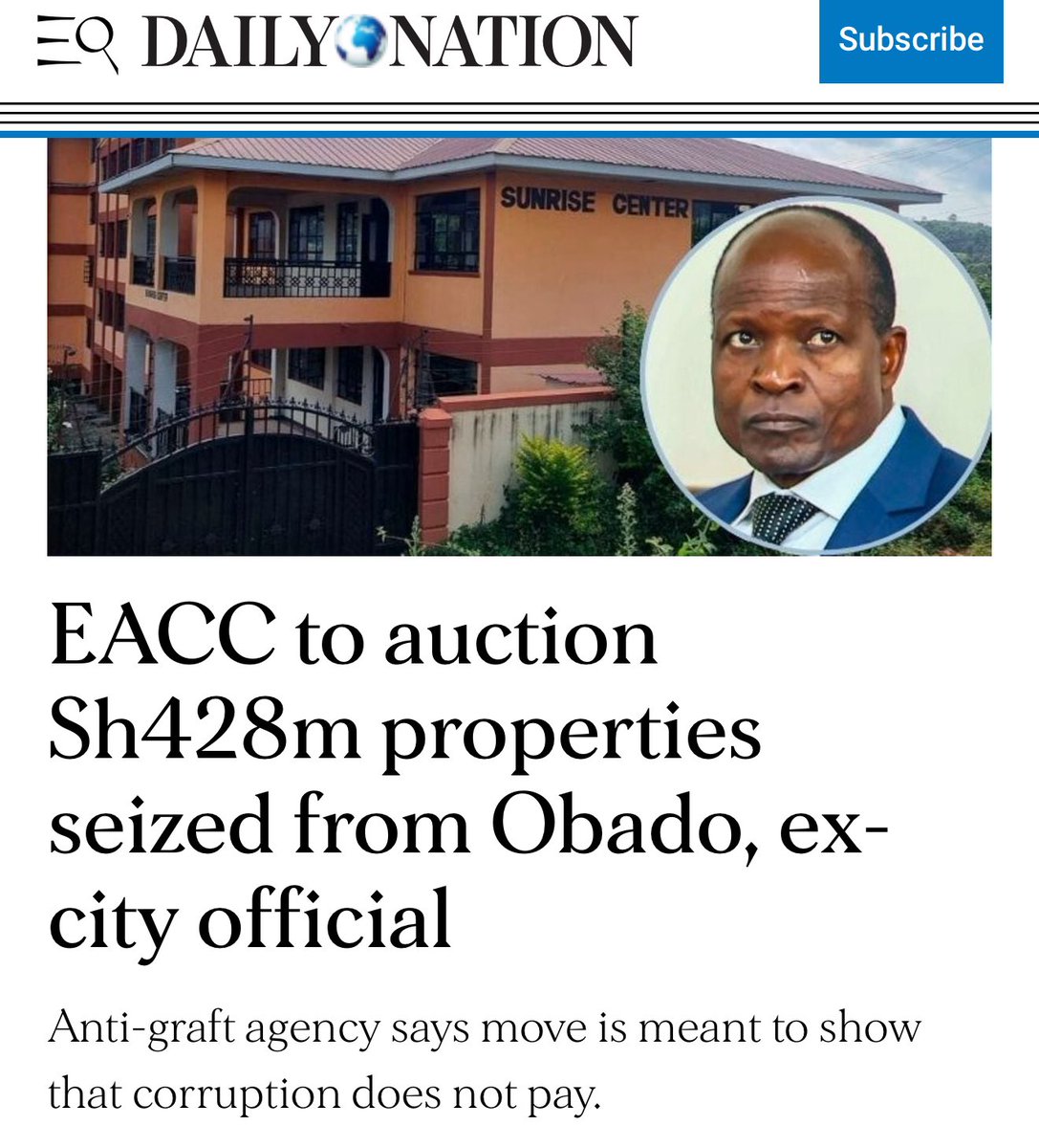 smutoro's tweet photo. From grace to grass: EACC to auction Sh428 mn properties seized from Okoth Obado #BloodBased #Sharon #June25th https://t.co/hbm519eDuH
