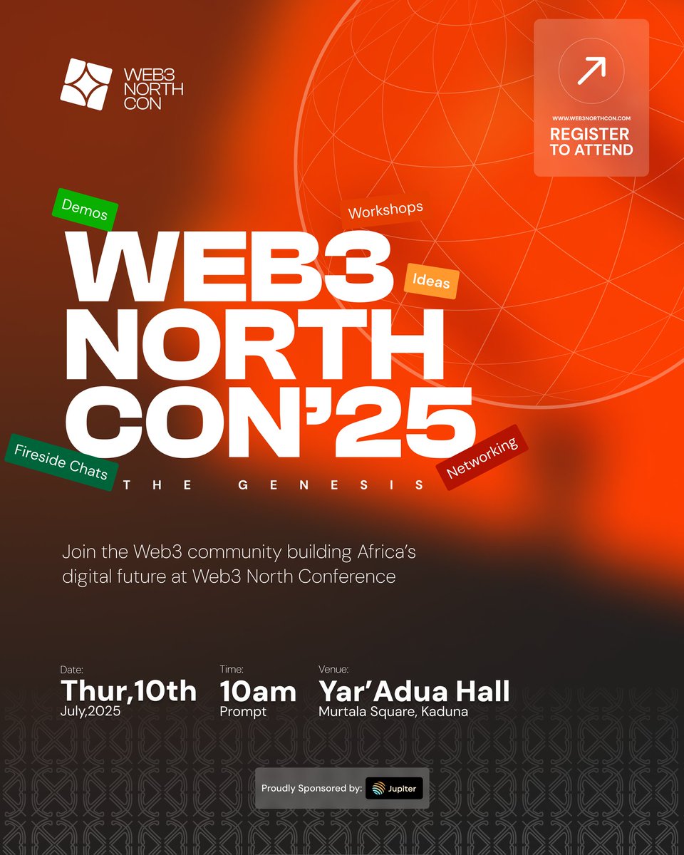 When people talk about Web3 in Africa, Northern Nigeria doesn’t always come up first.

But that’s about to change.

Web3 North Con ‘25 hosted by <a href="/JupNigeria/">JUP Nigeria 🇳🇬</a> will be happening live in Kaduna and I’ll be there with my team <a href="/dvoiceofweb3/">VOICE OF WEB3</a>. 

We will be showing up for the culture, the