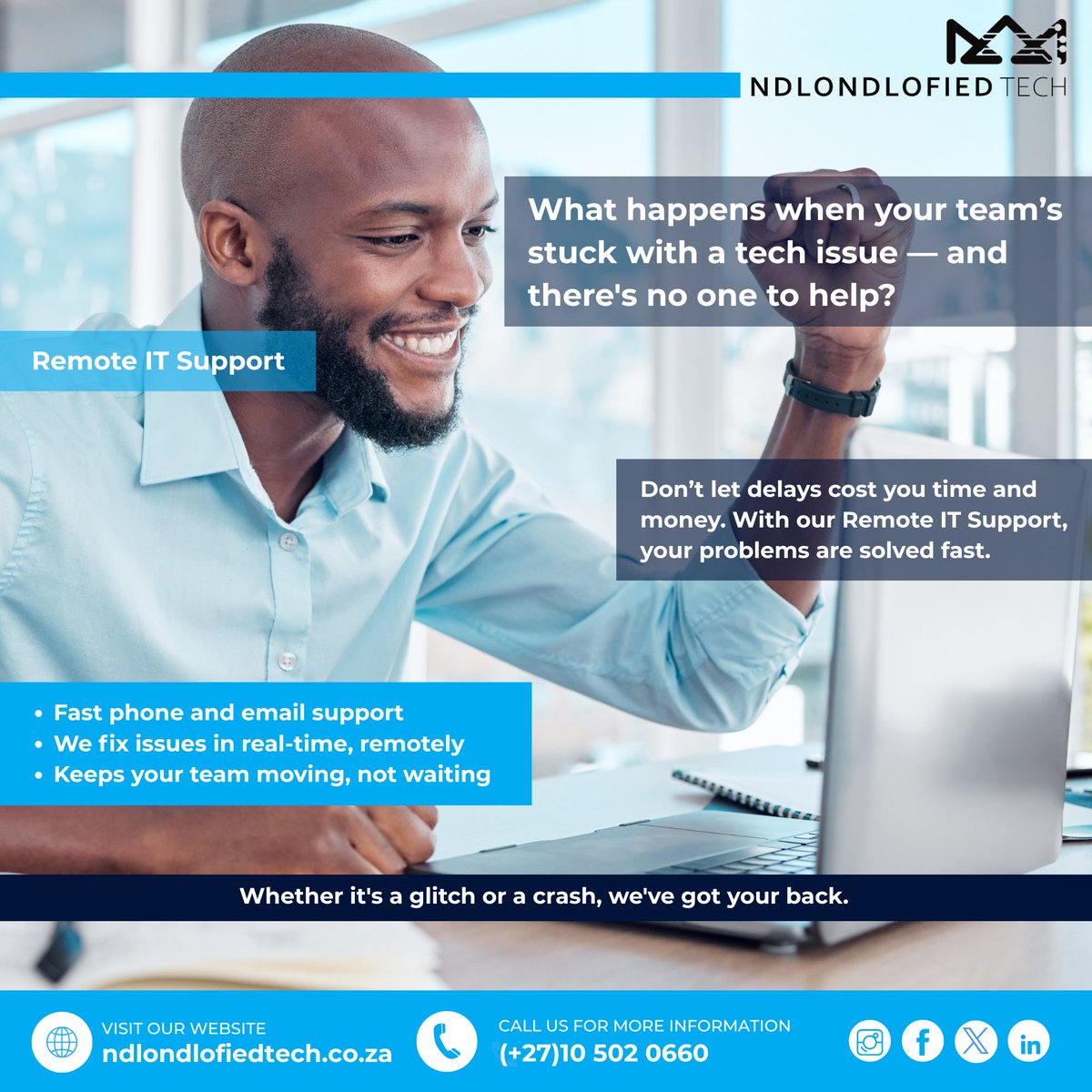 Ndlondlofiedtec's tweet photo. What Happens When Tech Breaks… and No One’s Around to Help?

Delays = lost time, lost money. With Our Remote IT Support, your team gets instant help — no waiting, no downtime.

#StayNdlondlofied #NdlondlofiedTech #fypシviral #RemoteSupport #BusinessContinuity #FastITSupport https://t.co/f3HkAFDDId