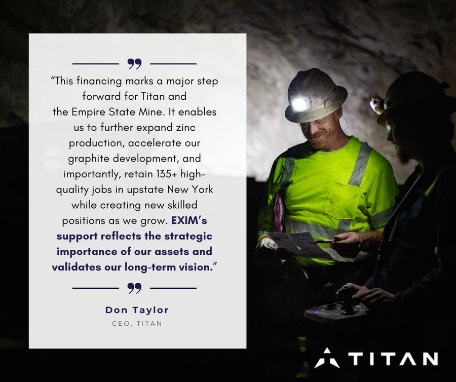 BaseMetals's tweet photo. @TitanMiningCorp has secured a US$15.8m loan from the Export-Import Bank of the United States (EXIM) to advance #Zinc production and #graphite development at its wholly owned Empire State Mine (ESM) in New York.

Full Story: https://t.co/iSg7AS0giP https://t.co/R4mp9RVlqe