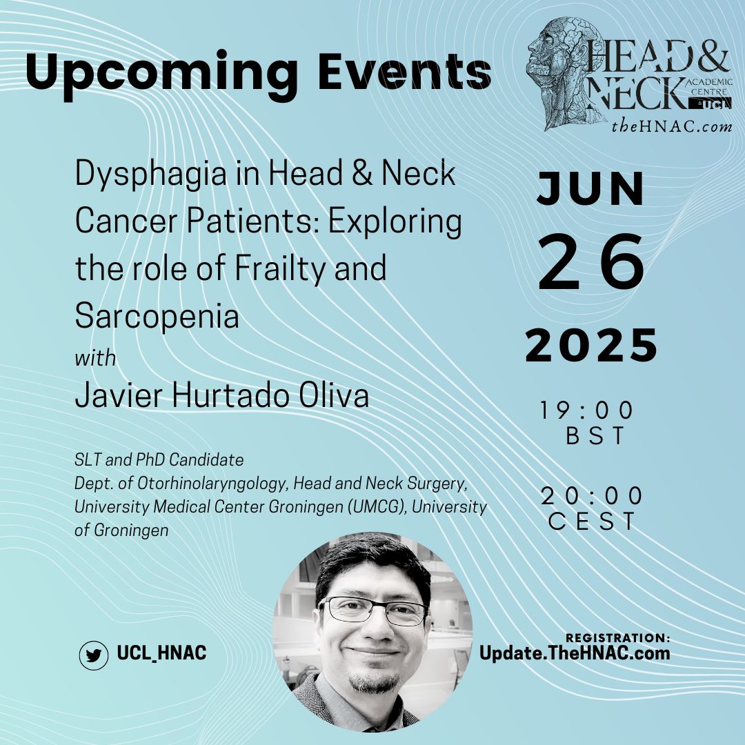 UCL Head & Neck Academic Centre (@ucl_hnac) on Twitter photo Don't forget to sign up to our Jun lecture with #SLT <a href="/umcg/">UMCG</a> @univgroningento to discuss the influence of frailty on swallow, inc. live Q&A with <a href="/GovenderRoganie/">Dr Roganie Govender MBE 🇿🇦🇬🇧</a>
Free Registration: Update.TheHNAC.com Don't forget to sign up to our Jun lecture with #SLT <a href="/umcg/">UMCG</a> @univgroningento to discuss the influence of frailty on swallow, inc. live Q&A with <a href="/GovenderRoganie/">Dr Roganie Govender MBE 🇿🇦🇬🇧</a>
Free Registration: Update.TheHNAC.com