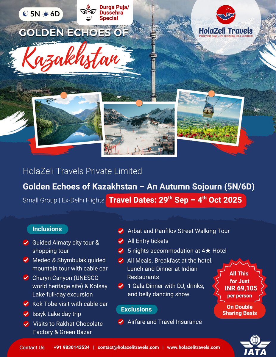 holazeli's tweet photo. Golden Echoes of #Kazakhstan – An Autumn Sojourn
🗓️ 29 Sept – 4 Oct 2025 | ✈️ Ex-Delhi Group Departure | Escape to the golden heart of Central Asia this autumn! Join our 5N/6D small group tour to Kazakhstan – a land of #canyons, crystal lakes, #cablecar rides, &amp; cultural charm. https://t.co/EPYpeQyZK5