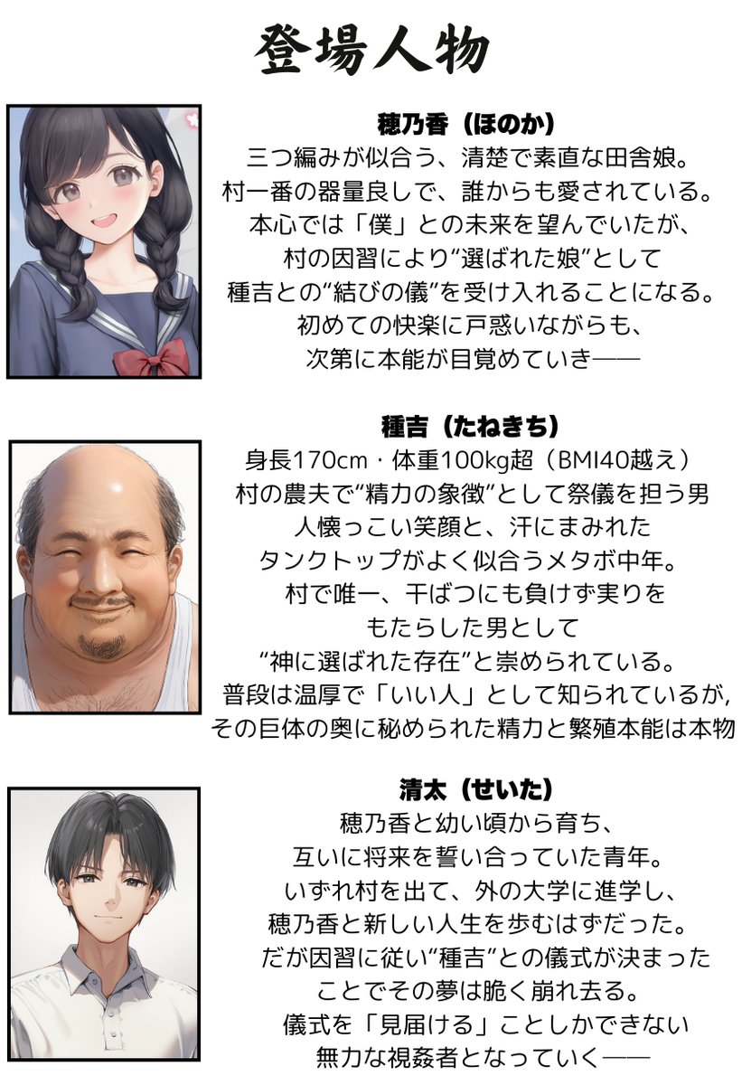 因習村、登場人物。

ようやくあと少しで完成しそうです。

頭使いすぎてオーバーヒートしそう・・・ 