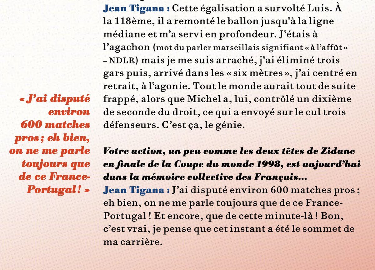 Un bon anniversaire à Jean Tigana qui fête aujourd'hui ses 70 ans. Il nous racontait dans le Schnock #51 son débordement mythique lors du France-Portugal du 23 juin 1984.