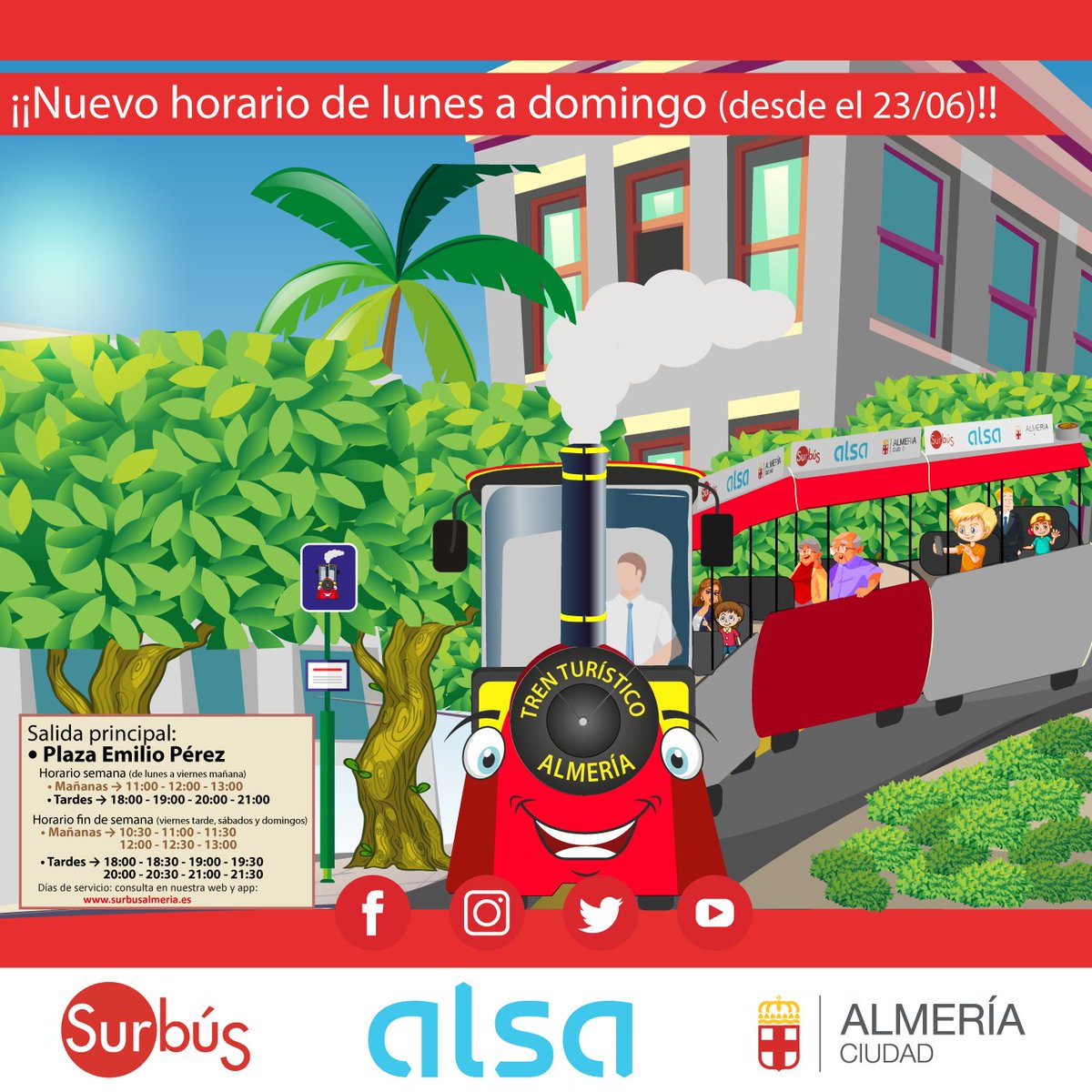 Desde mañana, el #trenturístico renueva su horario y estará disponible de lunes a domingo, para el disfrute de grandes y pequeños 😉.
Consulta los horarios y pasea por nuestra ciudad, descubriendo los más bellos rincones de #Almería 😍.
<a href="/aytoalm/">Ayuntamiento de Almería</a>  <a href="/Alsa_autobuses/">Alsa</a>  <a href="/ualestudiantes/">UAL Estudiantes</a>