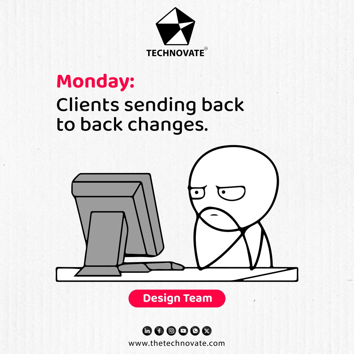 TTechnovate's tweet photo. Monday Mood at Technovate:

When clients say 'just one more change'... and it's version 37. 😅

Designers, we see you. We feel you. 💻💔

#DigitalAgencyLife #DesignerStruggles #TechnovateTruths #ClientChanges #MondayMood https://t.co/srCBVn97Yd