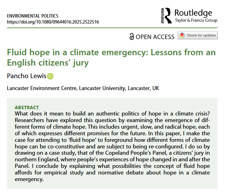 Environmental Politics (@env_pol) on Twitter photo New article from <a href="/pancho_lewis/">Pancho Lewis</a>!
Fluid hope in a climate emergency: Lessons from an English citizens’ jury.
Is it possible to have hope for the future in a climate emergency?
doi.org/10.1080/096440… New article from <a href="/pancho_lewis/">Pancho Lewis</a>!
Fluid hope in a climate emergency: Lessons from an English citizens’ jury.
Is it possible to have hope for the future in a climate emergency?
doi.org/10.1080/096440…