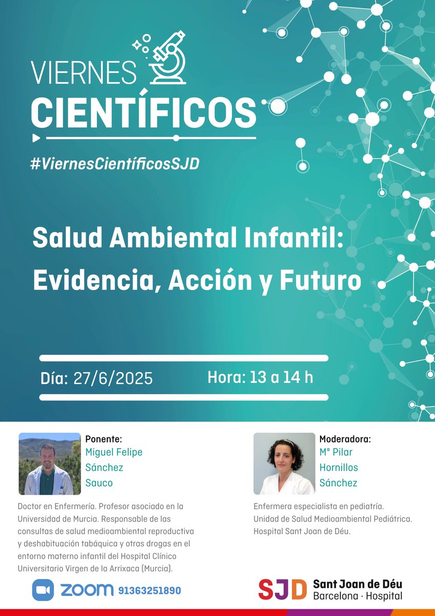 Nueva sesión de los “Viernes Científicos” del Hospital 🏥 <a href="/SJDbarcelona_es/">Hospital Sant Joan de Déu Barcelona ES</a>. 

➡️ Salud Ambiental Infantil: Evidencia, Acción y Futuro.

🗓 Viernes 27 de junio.

⏰ 13 horas.

🖥️ Vía Zoom.

✅ Gratuito.

🔍 formacion.sjdhospitalbarcelona.org/es/formaciones…
