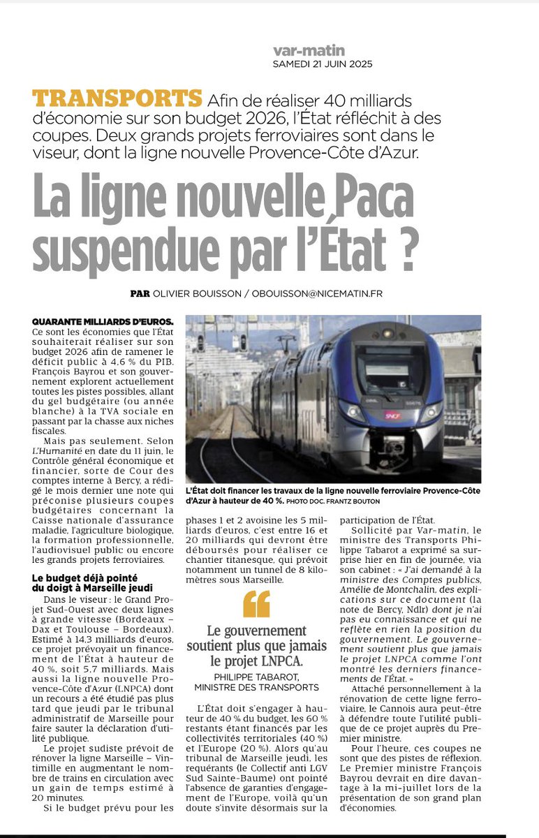 🛤️ La #LigneNouvellePACA est un projet démesuré, sans soutien clair de l’État ni de l’Europe.
Elle défigure des territoires et le massif de l’Estérel, sans améliorer le quotidien.
Priorité : rénover l’existant et ouvrir nos gares à #Roquebrune et #Puget. Du bon sens.