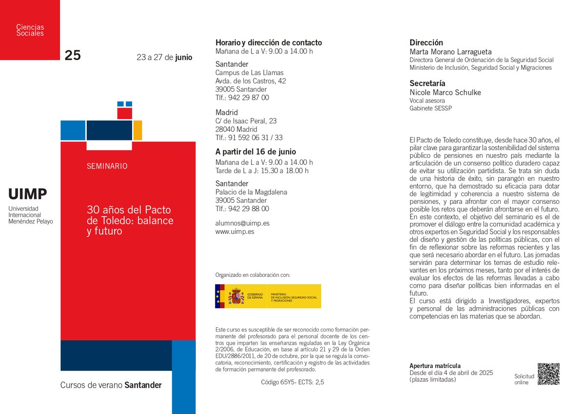 dpprado's tweet image. ℹ️ A los que os gusta la Seguridad Social, no dejéis de echarle un ojo al curso de verano de la @UIMP "30 años del Pacto de Toledo: balance y futuro", organizado en colaboración con el Ministerio de Inclusión, Seguridad Social y Migraciones. Más info, aquí: 👇
