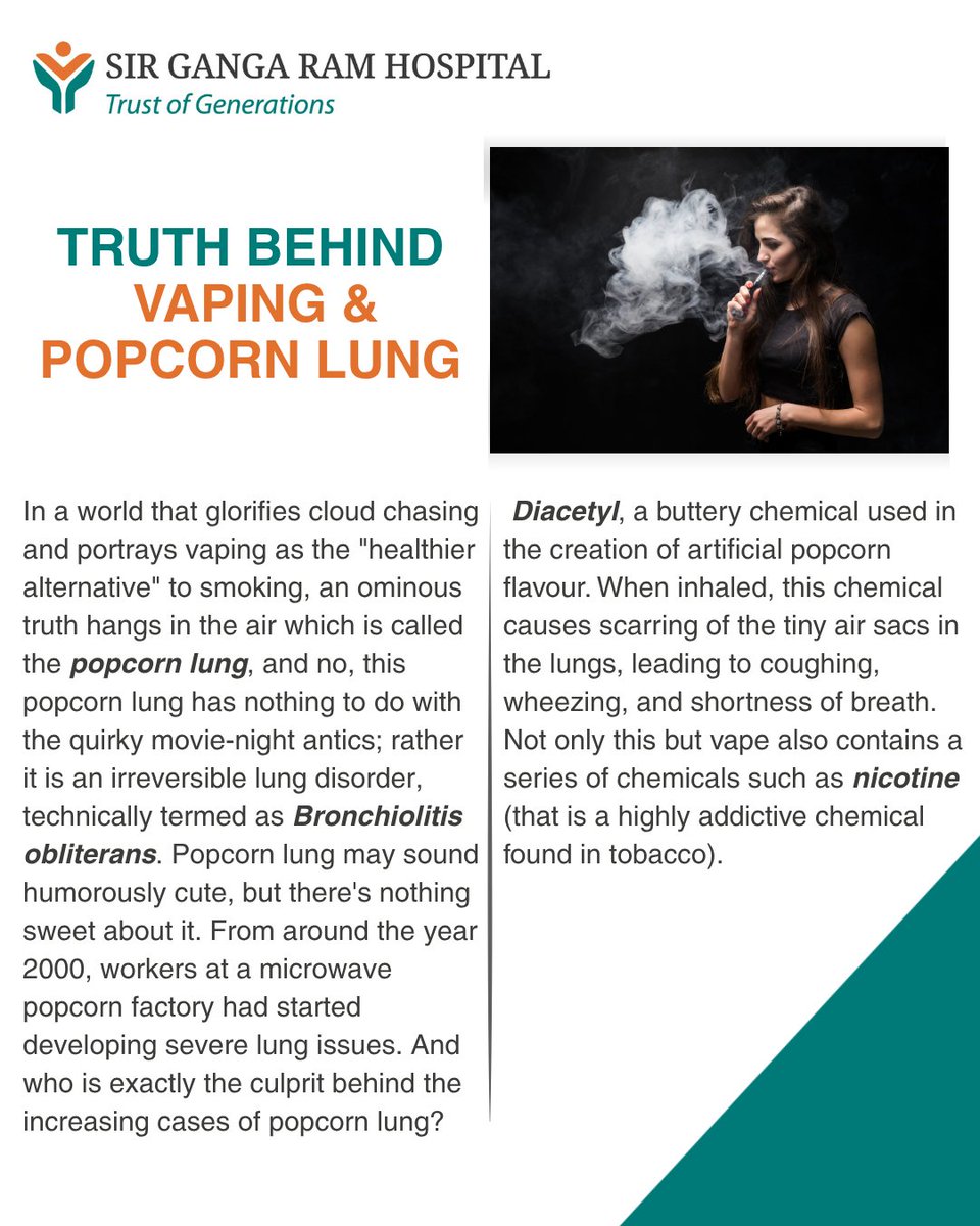Think vaping is a safer choice? Think again. "Popcorn lung" is a serious, irreversible condition linked to chemicals found in vapes. Learn the science behind the danger. Read More: https://t.co/NhBNlyWtKO #sgrh # Think vaping is a safer choice? Think again. "Popcorn lung" is a serious, irreversible condition linked to chemicals found in vapes. Learn the science behind the danger. Read More: https://t.co/NhBNlyWtKO #sgrh #