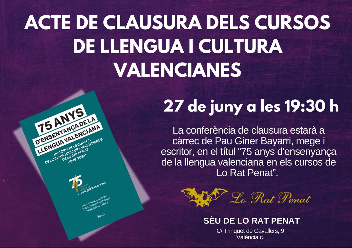 🗣️El Dr. Pau Giner realisarà la conferència de l'acte de Clausura dels Cursos de Llengua i Cultura Valencianes de Lo Rat Penat

🦇Lo Rat Penat celebrarà el pròxim divendres 27 de juny a les 19:30 hores l'Acte de Clausura dels Cursos de Llengua i Cultura Valencianes en el Saló
