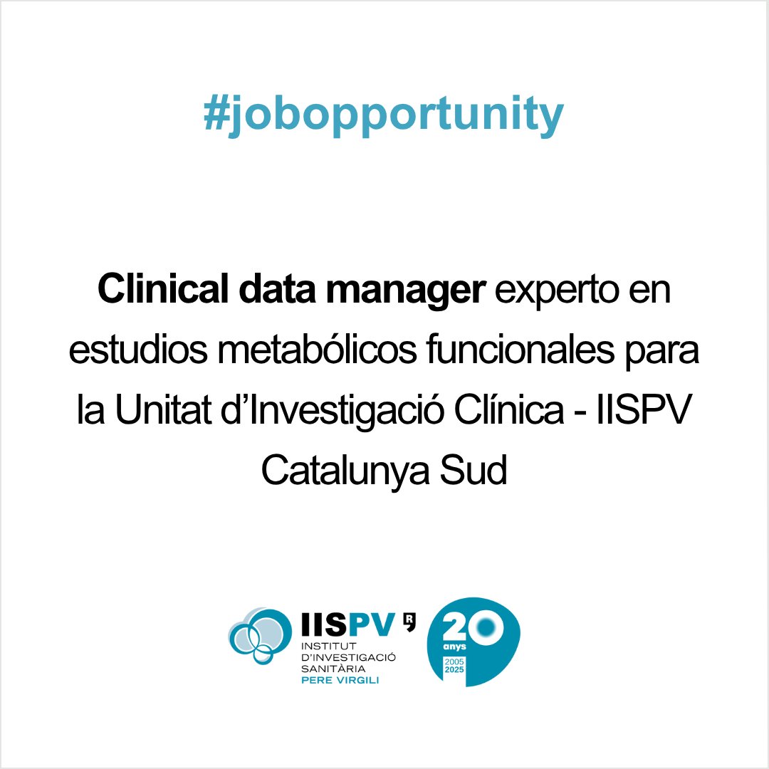 IISPereVirgili's tweet image. 📢 #JobAlert #OfertaDeFeina #Empleo
IC42_25 – Clinical Data Manager – Experto en estudios metabólicos funcionales para la UIC – IISPV Catalunya Sud
⌛4/7/25
❗Grado en Nutrición, Fisiología del Ejercicio o disciplinas afines.
Candidaturas➡️ bit.ly/44bDkTH