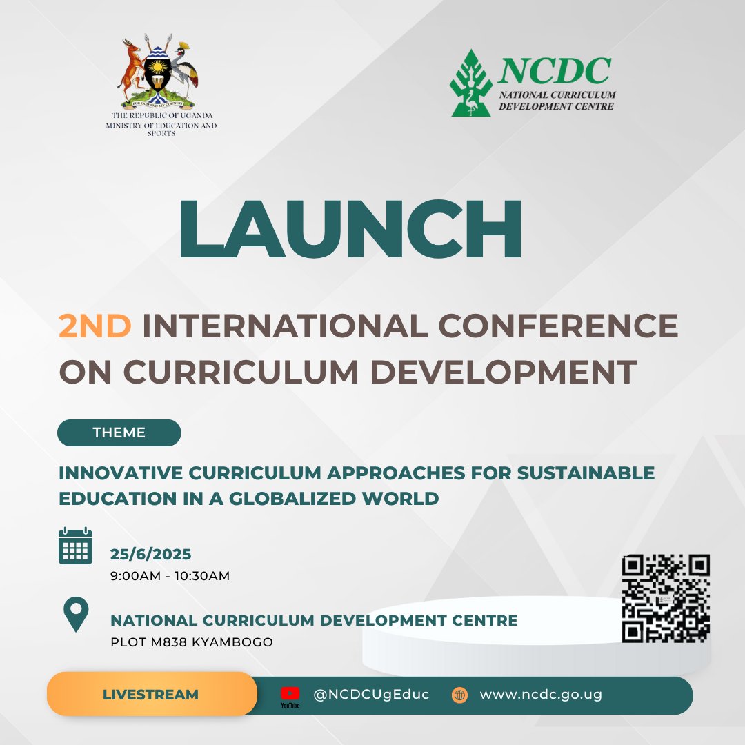 NCDCUg's tweet image. @NCDCUg will launch the 2nd International Conference on Curriculum Development on Wednesday 25th June, 2025 at 9:00am. This will be a hybrid event. Follow the proceedings on the link: youtube.com/@NCDCUgEduc