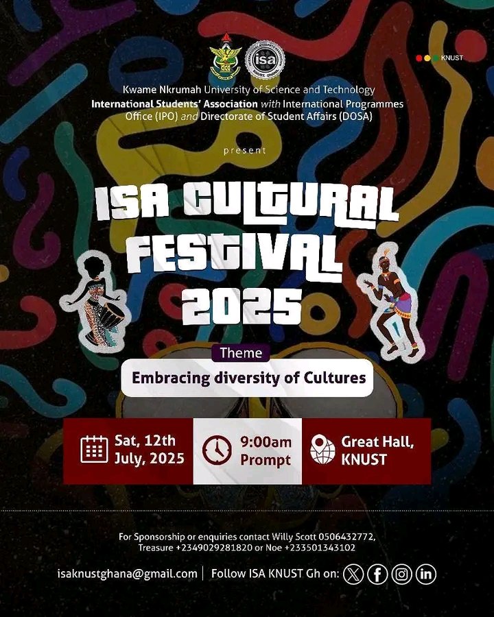 Noticeboardgh's tweet photo. 🌍✨ ISA CULTURAL FESTIVAL 2025 is here!
Join us as we embrace the diversity of cultures through music, dance, food &amp; fashion from around the world.

📅 12th July | 🕘 9AM | 📍 Great Hall
Organized by IPO &amp; DoSA.

#ISACulturalFest2025 #UnityInDiversity #ExperienceTheWorld https://t.co/BBESp4nME2