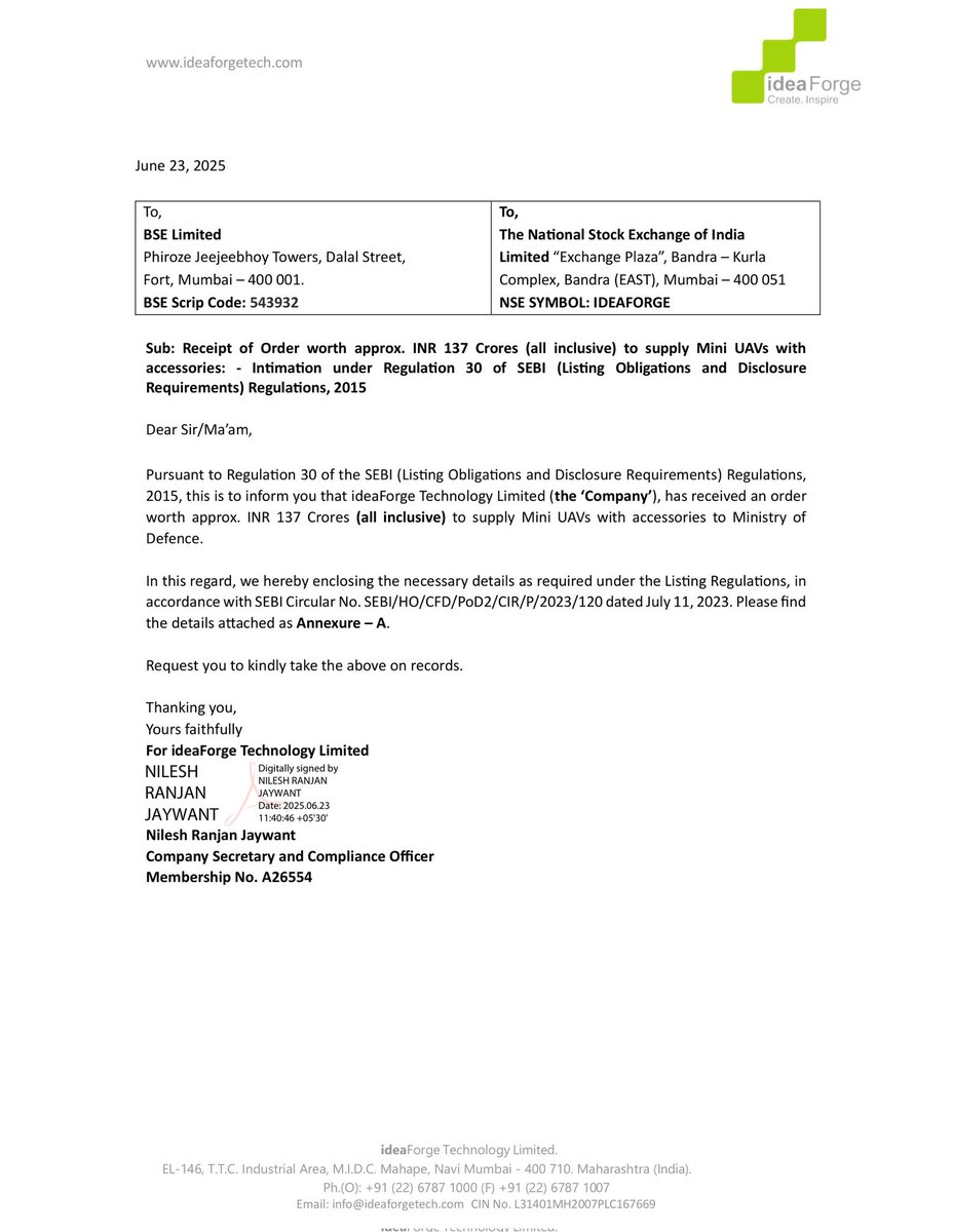 AjayshreeSamby3's tweet image. #IdeaForge receives 137 crore order from ministry of defence for Mini UAV and accessories. Delivery timeline of 1 year. 
#EmergencyProcurement