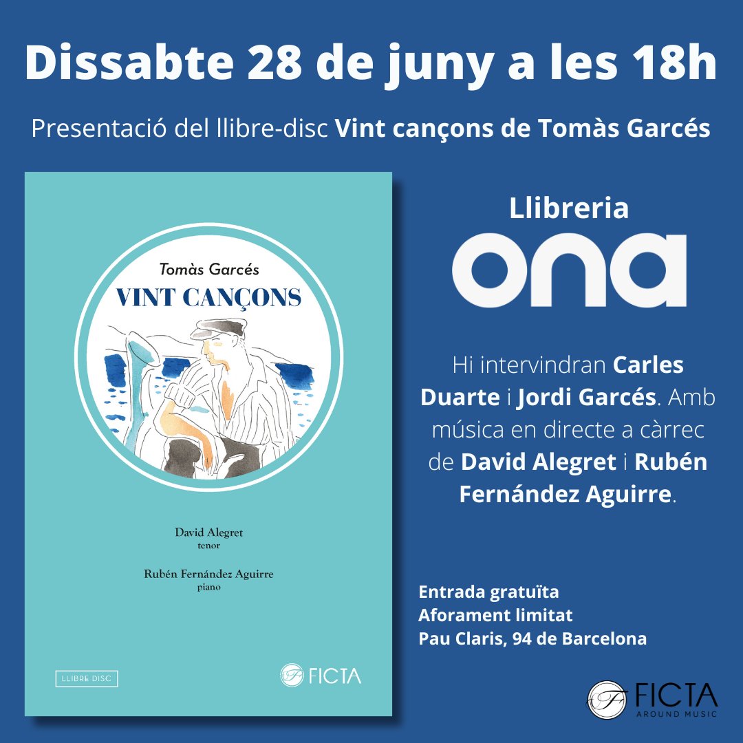 FICTA edicions (@fictaedicions) on Twitter photo Aquest dissabte el que s'assemblarà més a estar a Port de la Selva serà venir a <a href="/OnaLlibres/">Ona Llibres</a> a la presentació del llibre-disc Vint cançons de #TomàsGarcés.
Vine, serà un regal per a tots els sentits. Aquest dissabte el que s'assemblarà més a estar a Port de la Selva serà venir a <a href="/OnaLlibres/">Ona Llibres</a> a la presentació del llibre-disc Vint cançons de #TomàsGarcés.
Vine, serà un regal per a tots els sentits.