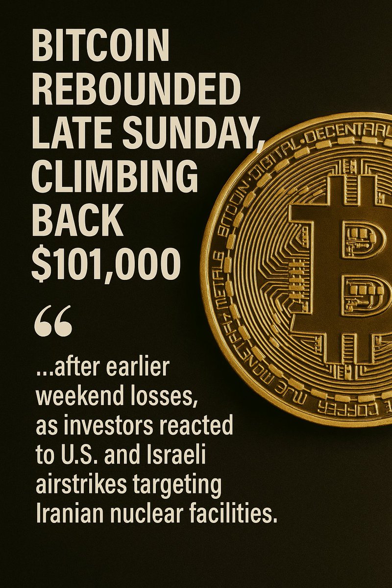 litty_tomson's tweet photo. Bitcoin rebounded late Sunday, climbing back above $101,000 after earlier weekend losses, as investors reacted to US and Israeli airstrikes targeting Iranian nuclear facilities.
#Iran #IranIsraelConflict #IranVsIsrael #IsraelIranConflict #IsraeliranWar #IranUnderAttack #Irán #US https://t.co/JOKyIyn6H9